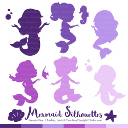 Professional Mermaid Silhouettes Clipart in Shades of Purple