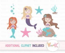 Mermaids Clipart and Papers Pack, Mermaids Clipart, Under the Sea Graphics,  Ocean Graphics, Mermaid Baby Shower, Mermaid Background Papers