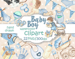 Shower baby clip art. Watercolor baby boy clipart blue. Baby