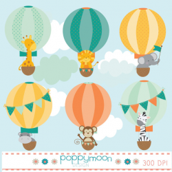 Baby animals in hot air balloons digital clip art set