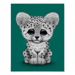 Cute Baby Snow Leopard Cub on Teal Blue Print | Art | Pinterest ...