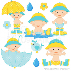 April Shower Baby Boy Cute Digital Clipart, Baby Boy with Umbrella ...