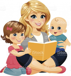 A Mom/babysitter/nanny reading with two children ...