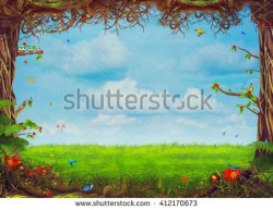 Beautiful woodland scene with trees , grass, butterflies and clouds ...