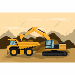 Mining Truck And Caterpillar Backhoe Doing Construction And ...