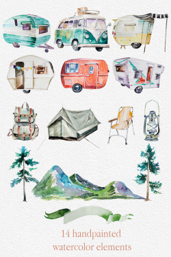 Watercolor Wanderlust Clipart Set,Retro Vehicles,Retro Camping ...