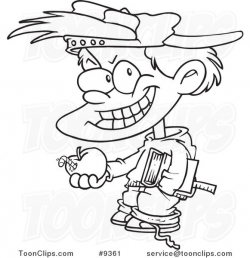 Cartoon Black and White Line Drawing of a Bad School Boy Holding an ...