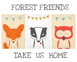 Retro posters - A3 set - forest animals - vintage print, wall ...