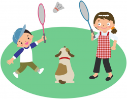 Mother plays badminton with son and dog Clipart - Design Droide