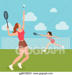 Vector Clipart - Woman girls play tennis badminton racket court ...