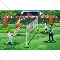 Family Playing Badminton In The Backyard · GL Stock Images