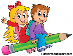 A Cute Boy and Girl Cartoon Flying on Pencil with School Bag Clipart ...