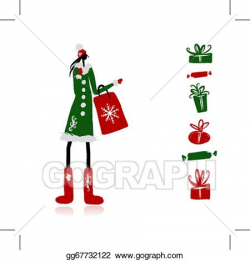 EPS Illustration - Girl in winter coat with shopping bag for your ...