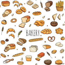Seamless pattern hand drawn doodle of cartoon food: rye bread, whole ...