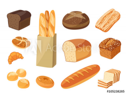 Set of cartoon food: bread - rye bread, ciabatta, wheat bread, whole ...