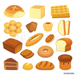 Cartoon bakery products. Toast bread, french roll and ...