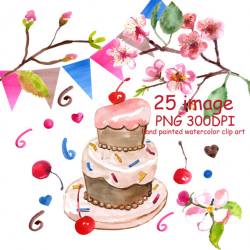 Watercolor Easter clipar, Birthday Cherry cake clipart,flowers ...