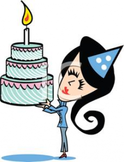 A Colorful Cartoon of a Woman Holding a Birthday Cake with a Single ...