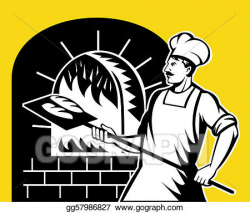 Stock Illustration - Baker holding baking pan into wood oven. Clip ...