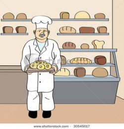 Clip Art Image: Baker with Fresh Round Loaf In His Bakery