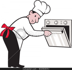 Cartoon Chef Baker Cook Opening Oven stock vector