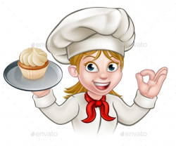 Cartoon Woman Pastry Chef Baker with Cupcake by Krisdog | GraphicRiver