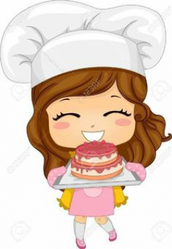 Cartoon of a Cute Brunette Caucasian Baker Girl Holding Fresh Cake ...