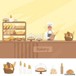 Bakery shop illustration with baker character next to a showcase ...