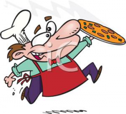 A Colorful Cartoon of a Baker Running with a Fresh Pizza - Royalty ...