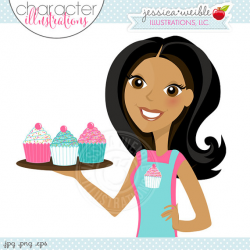 DARK Woman with Cupcakes Cupcake Baker Character Illustration