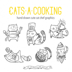 Hand Drawn Cute Cats Cooking Baking Adorable Kitten Clip Art, Baking ...