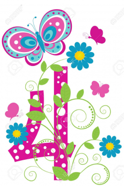 Fun Digit 4 With Flowers And Butterflies Royalty Free Cliparts ...