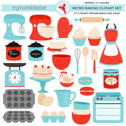 Vintage Baking Clipart Set - retro kitchen, red and blue clip art ...