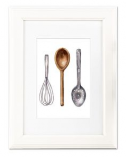 Kitchen utensils watercolor art, wooden spoon, whisk and slotted ...