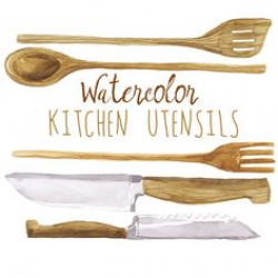 Kitchen utensils watercolor art, wooden spoon, whisk and slotted ...