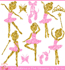 Ballerina Gold Silhouettes in Pink Clipart Set