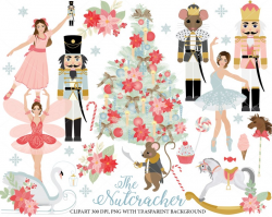 Nutcracker Ballet Clipart set, ballerinas, sugarplum fairy, Christmas tree,  candy, rocking horse, candy cane, pastel, winter