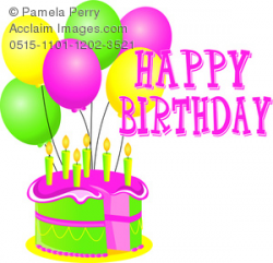 Clip Art Illustration of a Happy Birthday Cake With Balloons