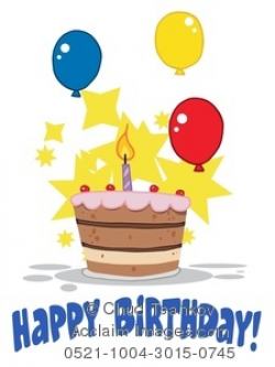 Clipart Image of A Happy Birthday Cake and Balloons