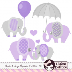 Purple and Grey Baby Shower Elephants Clipart Digital