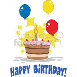 Birthday Cake With One Candle Lit And Balloons And Stars clipart.  Royalty-free clipart # 379432