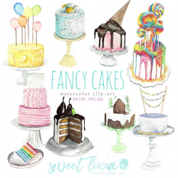 Watercolor Clip Art Fancy Cake Set, Holiday, Tiered Cakes, Bakery ...