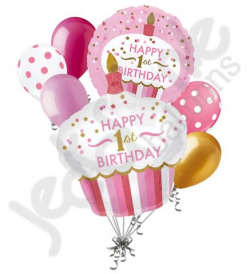 Pink & Gold Cupcake 1st Birthday Girl Balloon Bouquet – Jeckaroonie ...