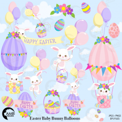 Easter Bunny Clipart, Easter Banner Clip Art, Hot Air Balloons, AMB-2194