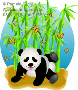 Clip Art Image of a Baby Panda Playing Near Bamboo With Butterflies