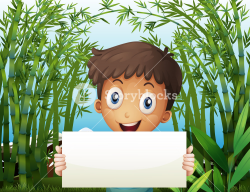 Illustration of a boy at the bamboo farm holding an empty signage ...