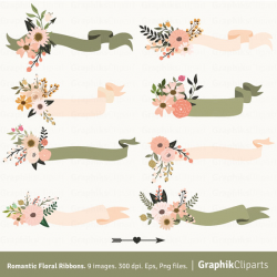 Romantic Floral Ribbons Clipart. Floral Banners, Floral Vector ...