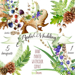 Watercolor Wedding Rustic ClipArt. Hand Painted Bouquets, Horns ...