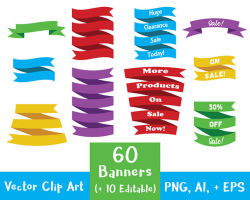 60 Ribbon Banners Clipart, Sale Banner, Sale Clipart, Party Banner ...