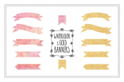 Banner Clip Art Watercolor & Gold Foil PNG Banners Pink and